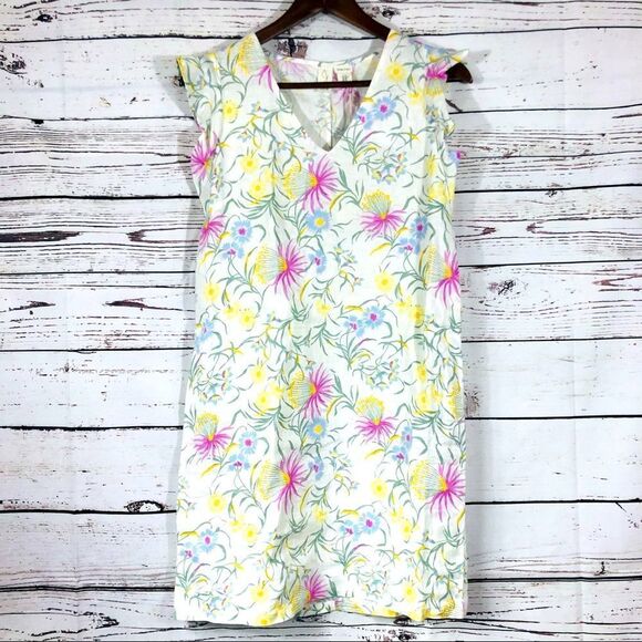 JOIE Floral 100% Linen Dress Ruffle Cap Sleeve V-Neck XS - Picture 1 of 5